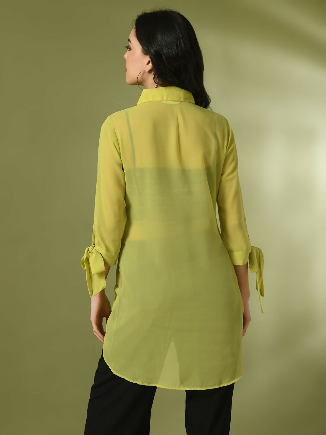 Myshka Women's Yellow Solid Georgette Longline Party Sheer Tunic - Distacart