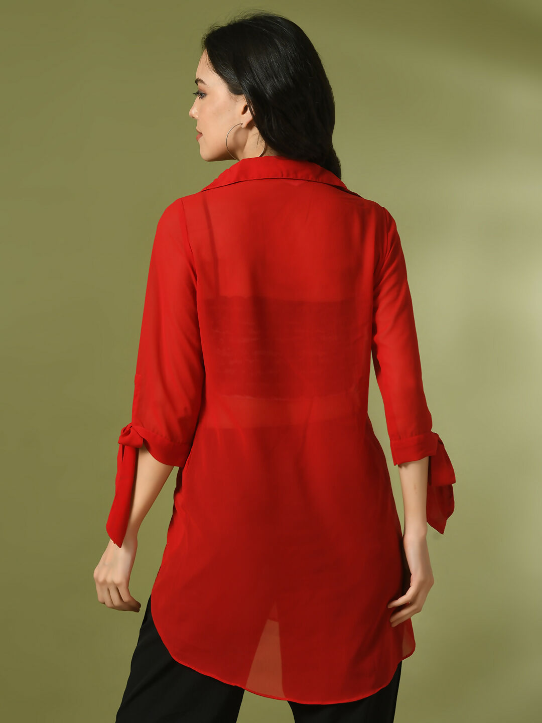Myshka Women's Red Solid Georgette Longline Party Sheer Tunic - Distacart