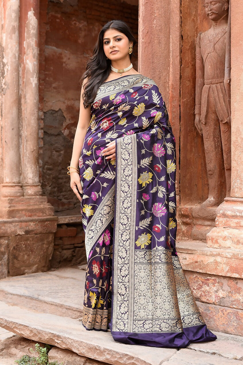 Joban Fashion Plum Purple Pure Katan Pure Handloom Banarasi Silk Saree - Dista
