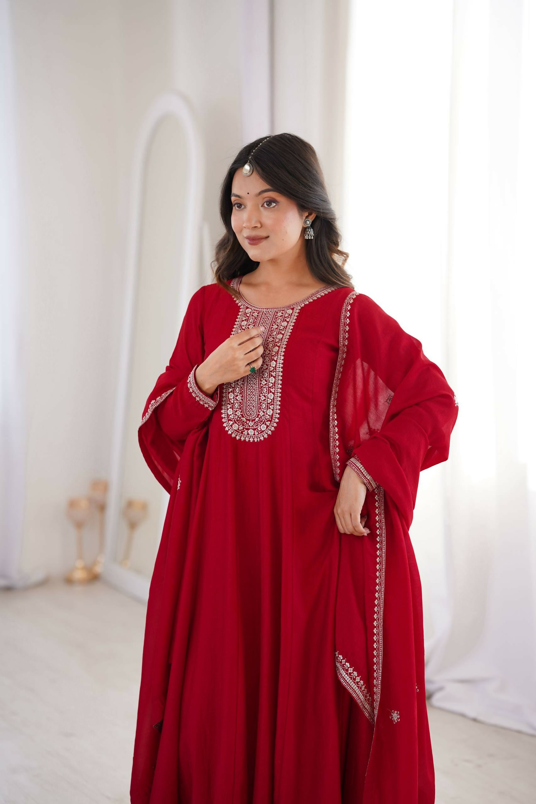 Teeya Creation Maroon Color Vichitra Silk Embroidery Work Party Wear Long Gown - Distacart