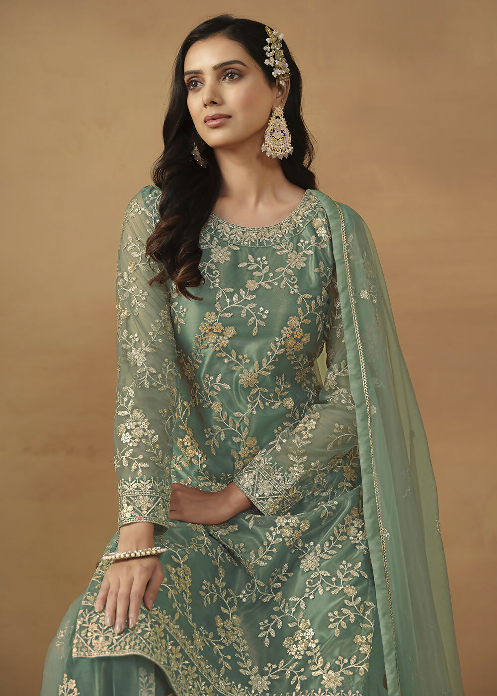Sea Green Net Embroidered Wedding Festive Gharara Suit - Emponline - Distacart
