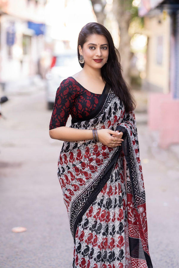 Grey Linen Blend Ethnic Motifs Saree with Unstitched Blouse - Hiral Fashion - Distacart