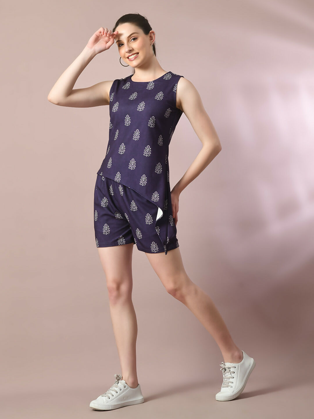 Myshka Women's Blue Printed Round Neck Party Top With Shorts Co-ord set - Distacart