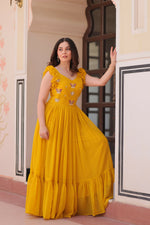 Thumbnail for Joban Fashion Yellow Georgette Sequence Embroidery Work Gown