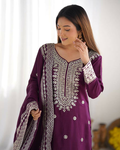 Joban Fashion Wine Kurta Set Silk Sequins , Zari, Coding & Thread Embroidered work - Distacart