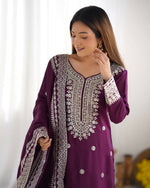 Thumbnail for Joban Fashion Wine Kurta Set Silk Sequins , Zari, Coding & Thread Embroidered work - Distacart