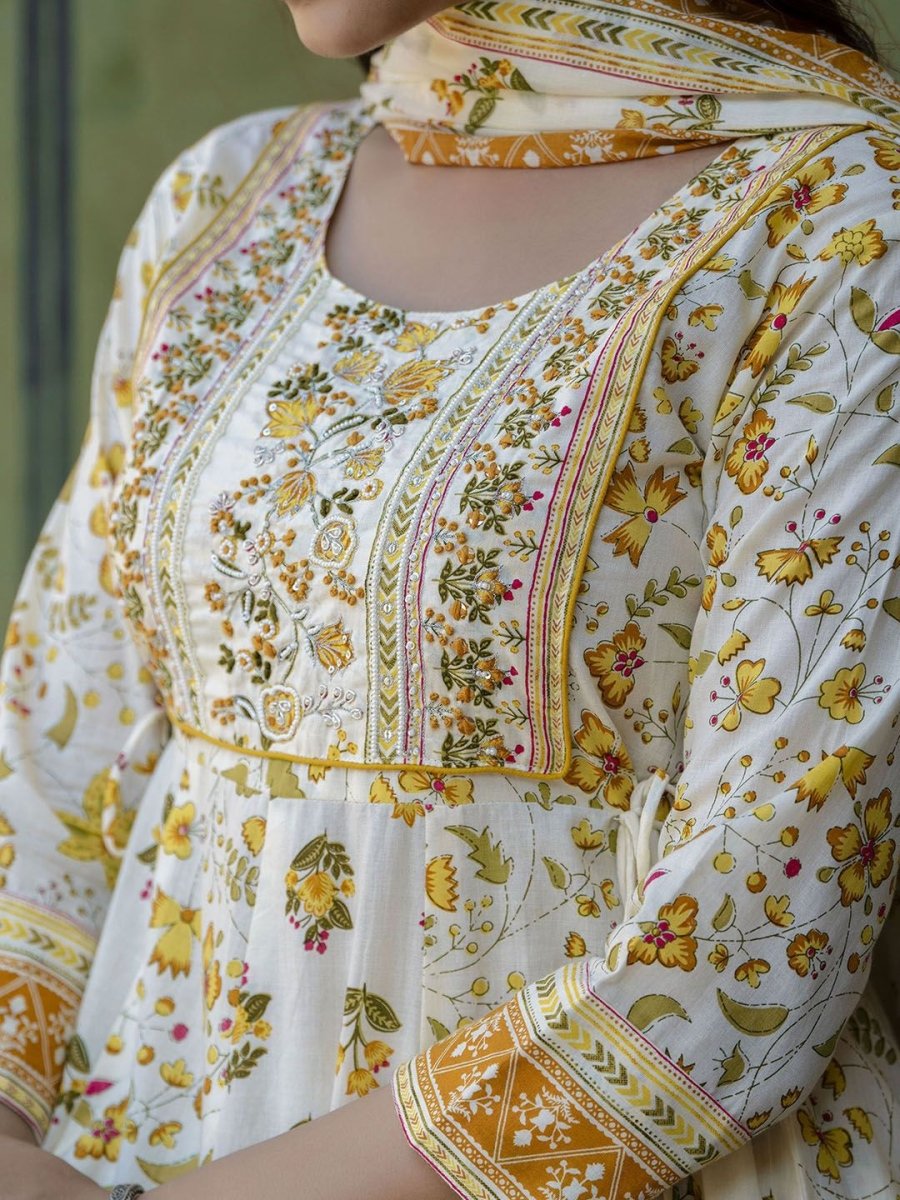 Anouk White Floral Printed Thread Work Pure Cotton Anarkali Kurta With Trouser & Dupatta - Distacart
