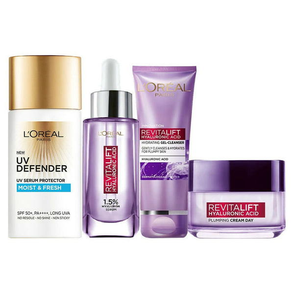 L'Oreal Paris Hyaluronic Acid Hydrating And Protecting CSMS (Cleanser, Serum, Moisturizer, Sunscreen) Regime Kit - Distacart