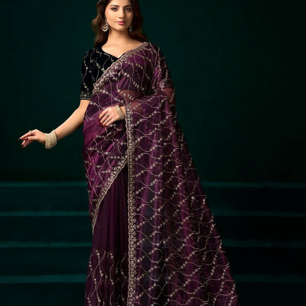 Joban Fashion Wine Net Party Wear Sarees - Distacart