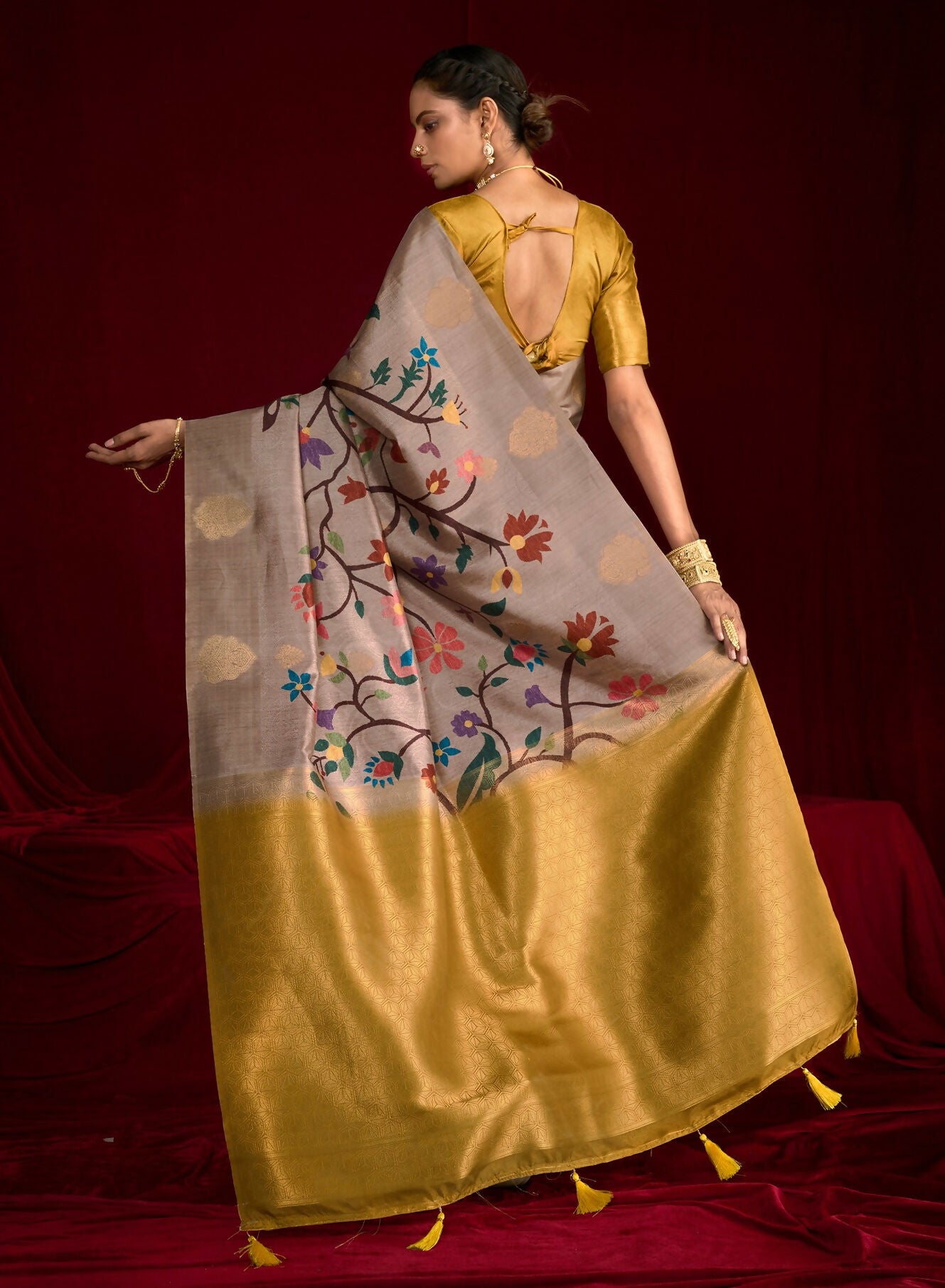 Joban Fashion Multi Color Soft Silk Weaving Fabric With Digital Jamdani Print With Jacquard Rich Pallu & Blouse With Spring Tassels