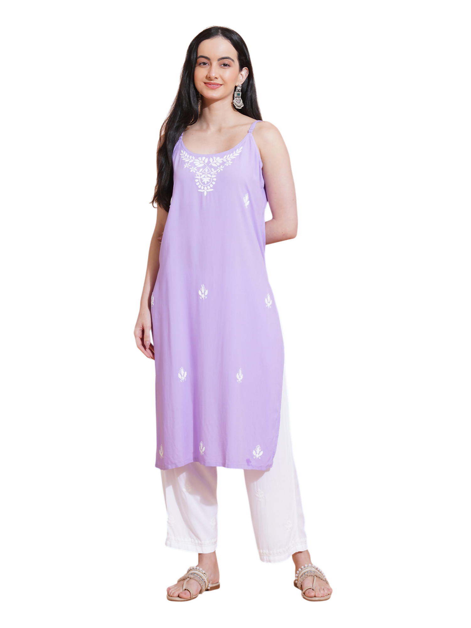 Pahnaz Luxury Rayon Chikankari Sleeveless Long Kurti-Lavender - Dista