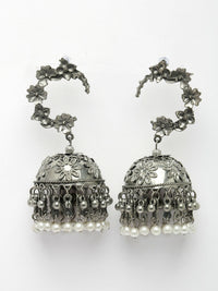 Thumbnail for NVR Women's Silver Plated Pearl Beaded Oxidised Contemporary Jhumka Earrings - Distacart