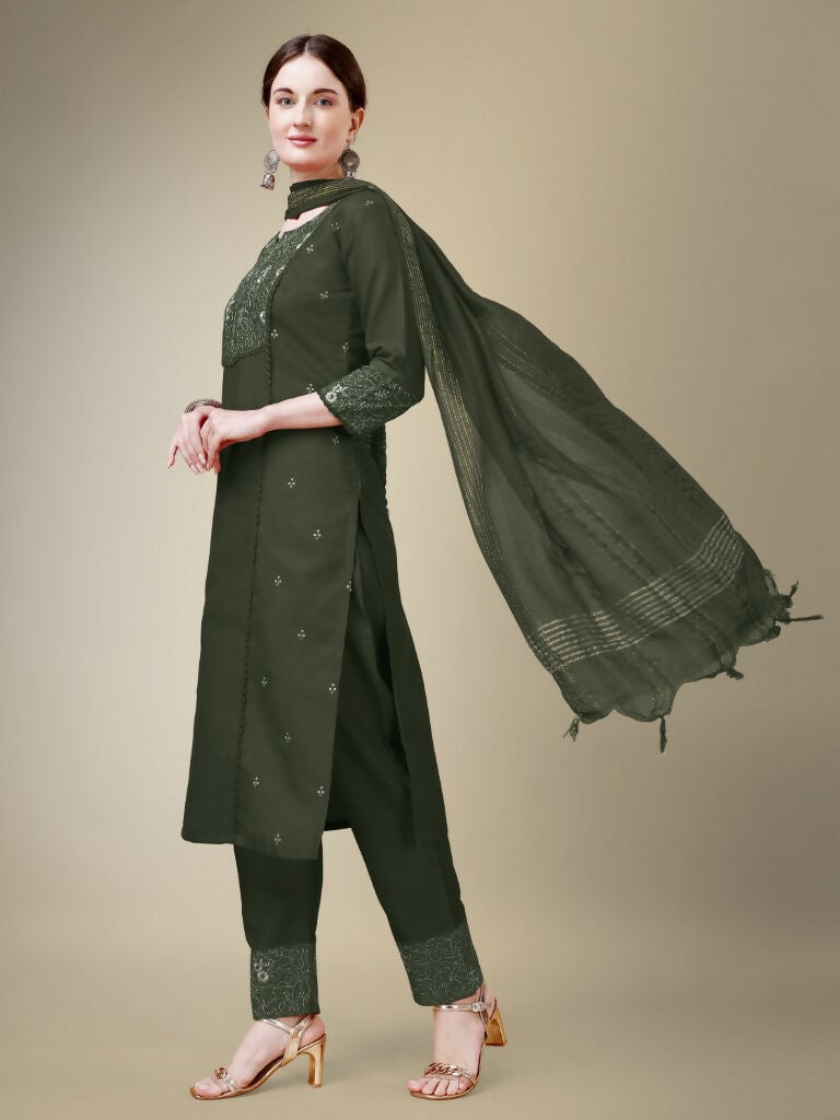 Jyoti Fashion Women's Dark Green Cotton Blend Embroidery & Fancy Lace work Kurta with Trouser & Dupatta - Distacart