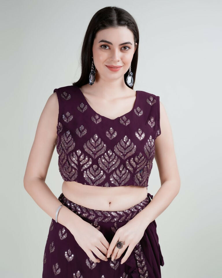 Purple Georgette Sequence Embroidered Lehenga Choli with Dupatta - Tanya - Distacart