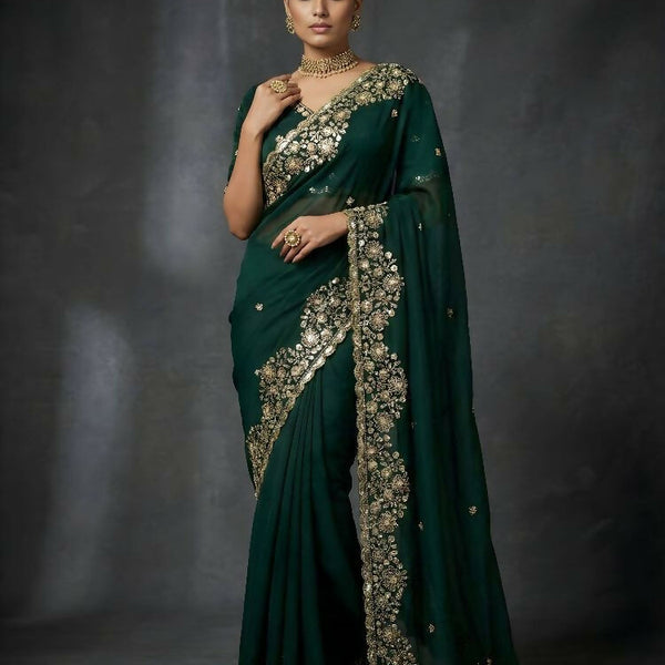Joban Fashion Green Fandy Satin Silk Party Wear Sarees - Distacart