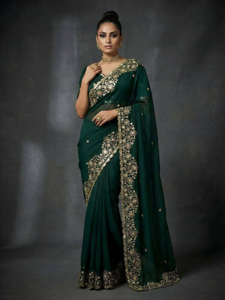 Joban Fashion Green Fandy Satin Silk Party Wear Sarees - Distacart