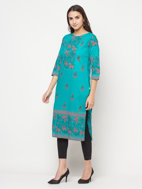 Aniyah Turquoise Cotton Block Print Straight Kurta
