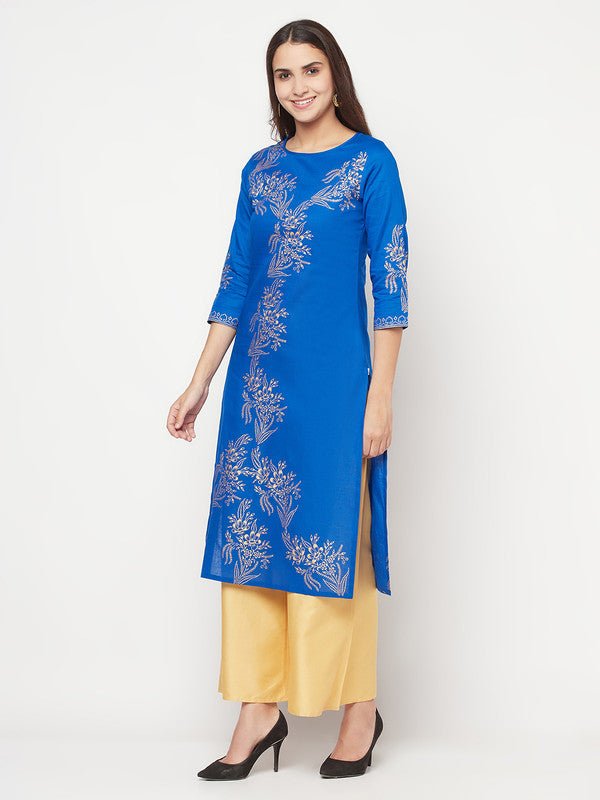Aniyah Cotton Foil Print Royal Blue Straight Kurta