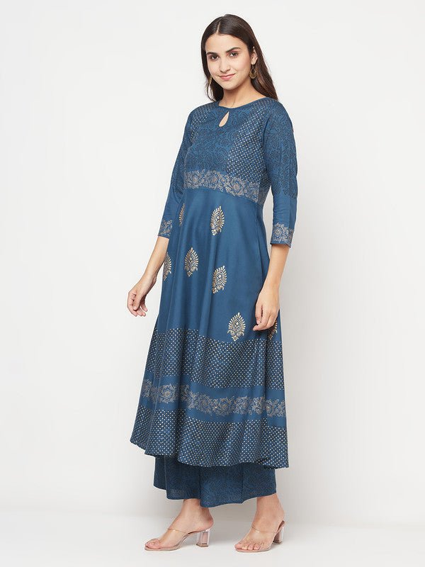 Aniyah Rayon Block Print Blue Anarkali Kurta