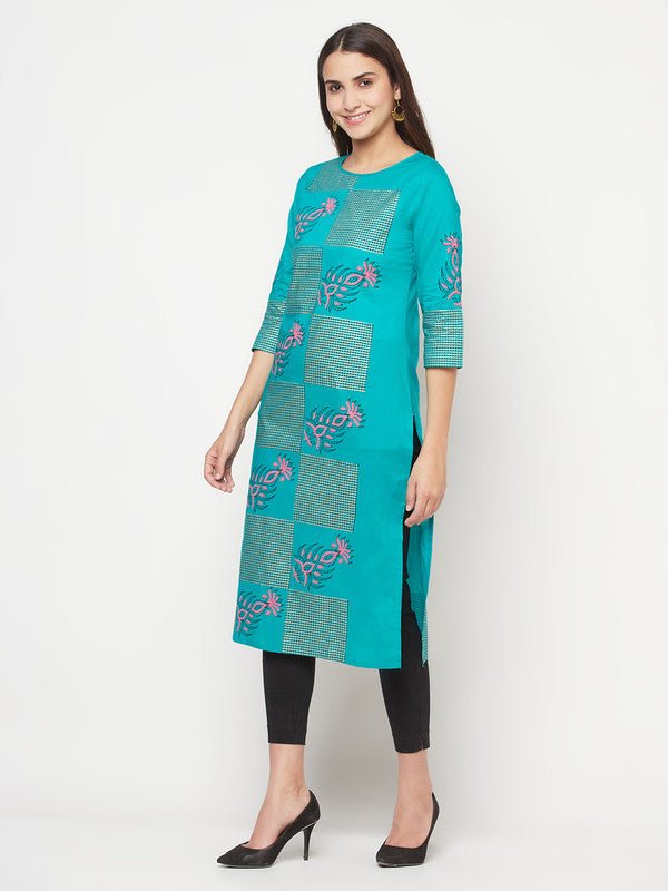 Aniyah Cotton Block Print Turquoise Straight Kurta