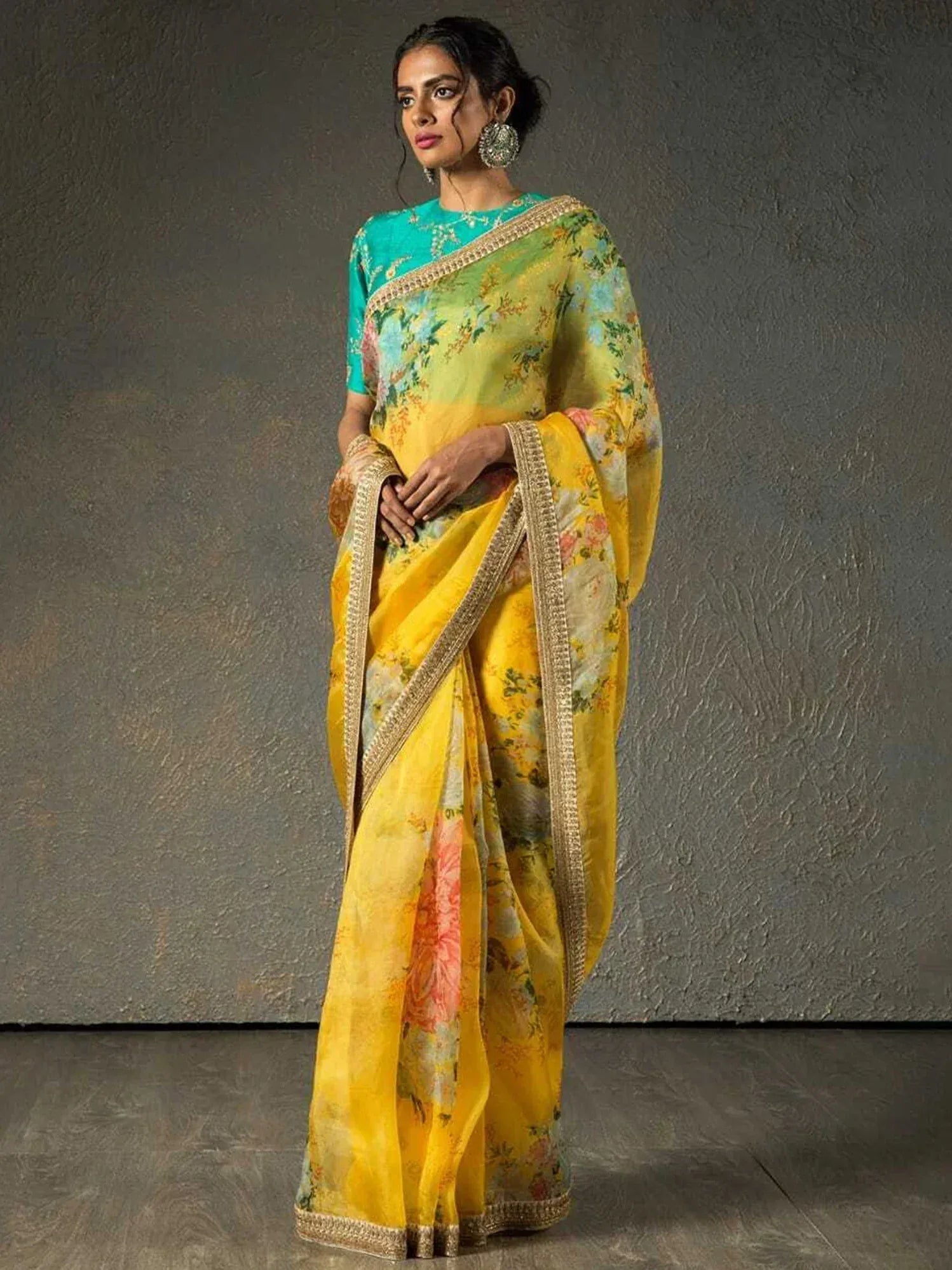 Tulsi Art Sabyasachi Yellow Floral Organza Wedding Wear Saree With Blouse - Dista