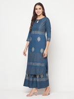 Thumbnail for Aniyah Rayon Block Print Blue Straight Kurta Palazzo Set