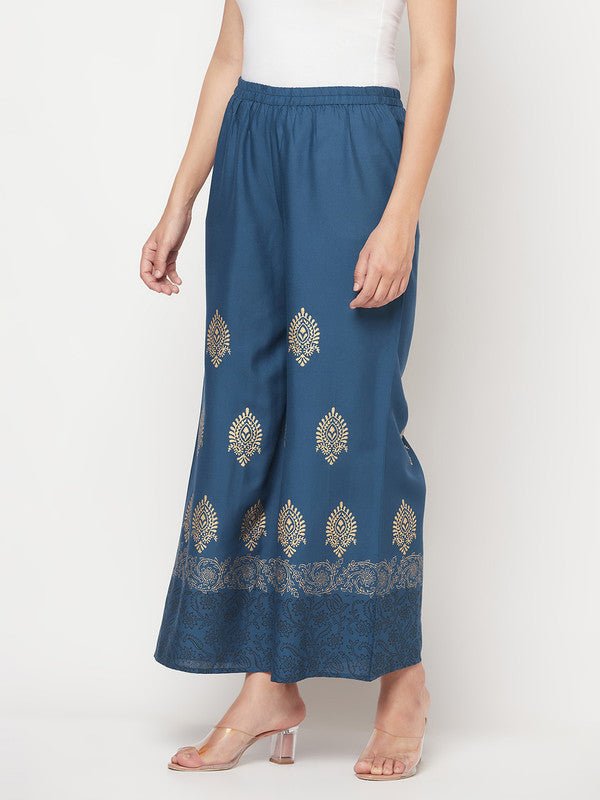 Aniyah Rayon Block Print Flared Slip-on Blue Palazzo
