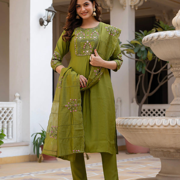 Pramukh Fab Olive Color Viscose Mango Silk Kurta Set - Distacart