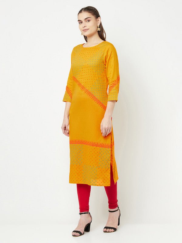 Aniyah Cotton Block Print Mustard Color Straight Kurta