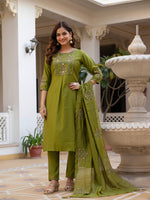 Thumbnail for Pramukh Fab Olive Color Viscose Mango Silk Kurta Set - Distacart