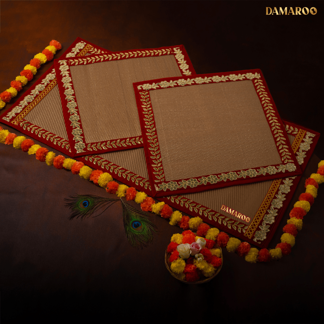 Damaroo Combo Pack of 3 | Classic Nylon Pooja Aasan & Mat | Red Gotapatti Border - Golden - Distacart