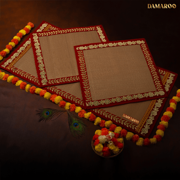 Damaroo Combo Pack of 3 | Classic Nylon Pooja Aasan & Mat | Red Gotapatti Border - Golden - Distacart