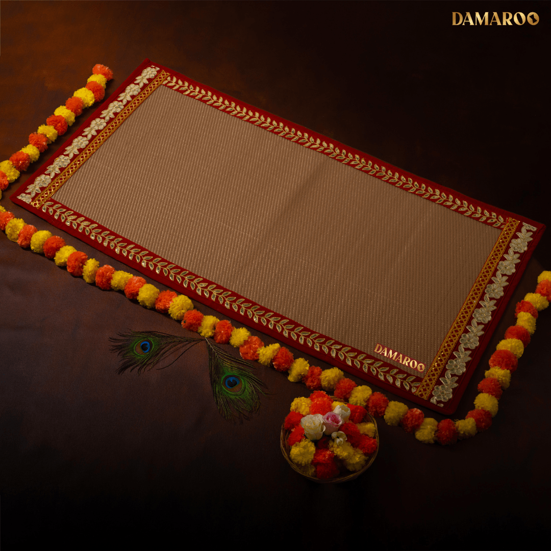 Damaroo 2x4 ft | Classic Nylon Pooja Couple Mat | Red Gotapatti Border - Golden - Distacart
