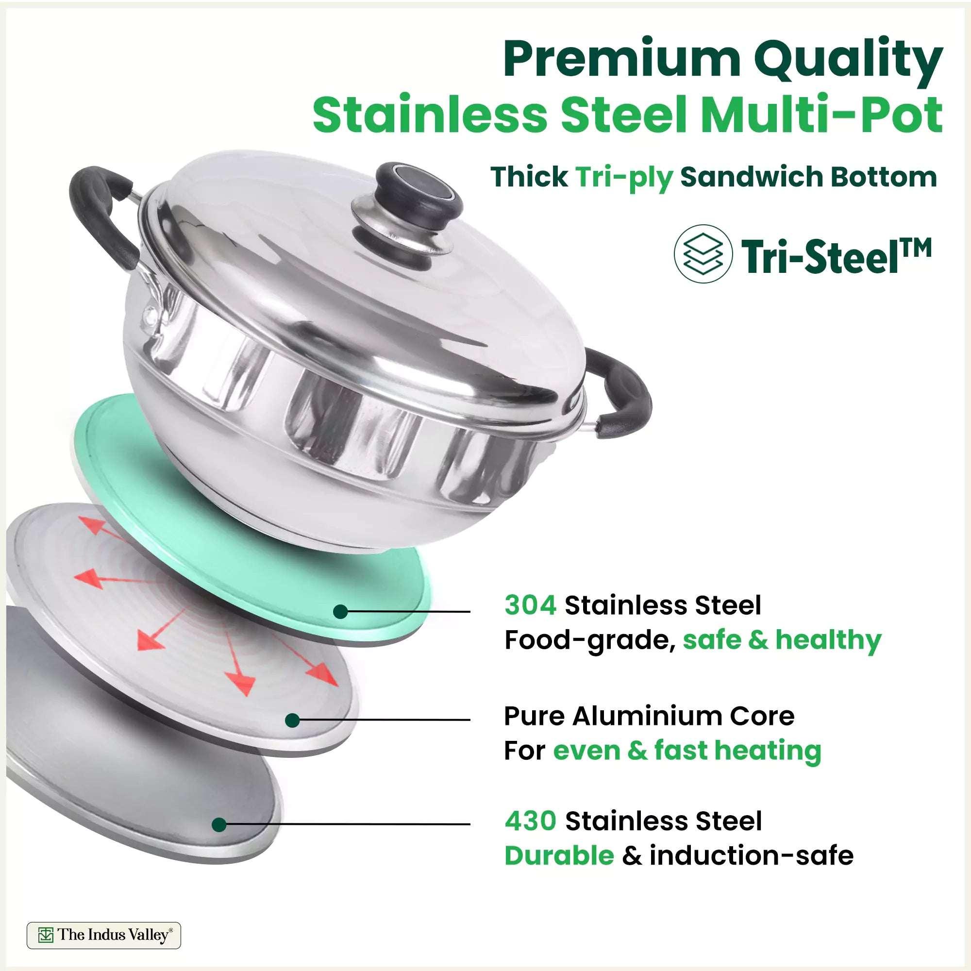 The Indus Valley 8 Pit Tri-Steel Multi Pot Premium Stainless Steel Idli/ Dhokla/ Momo Maker/ Veg Steaming Set, Tri-ply Induction Bottom, 5 Plates, 3L