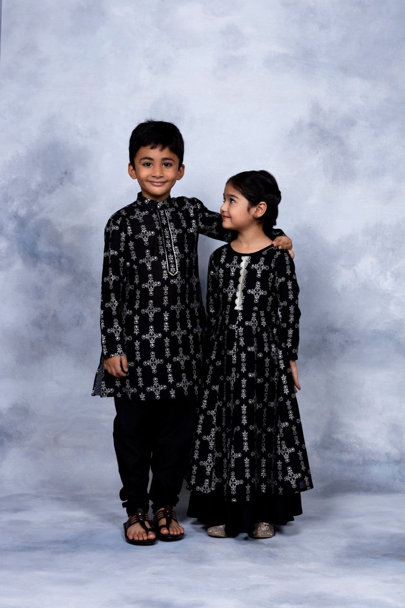 Ahalyaa Boys Black Chanderi Gold Printed Kids Kurta Churidar Set - Distacart
