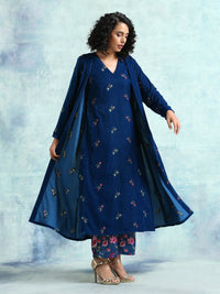 Thumbnail for trueBrowns Blue Embroidered Velvet Overlay Jacket - Distacart
