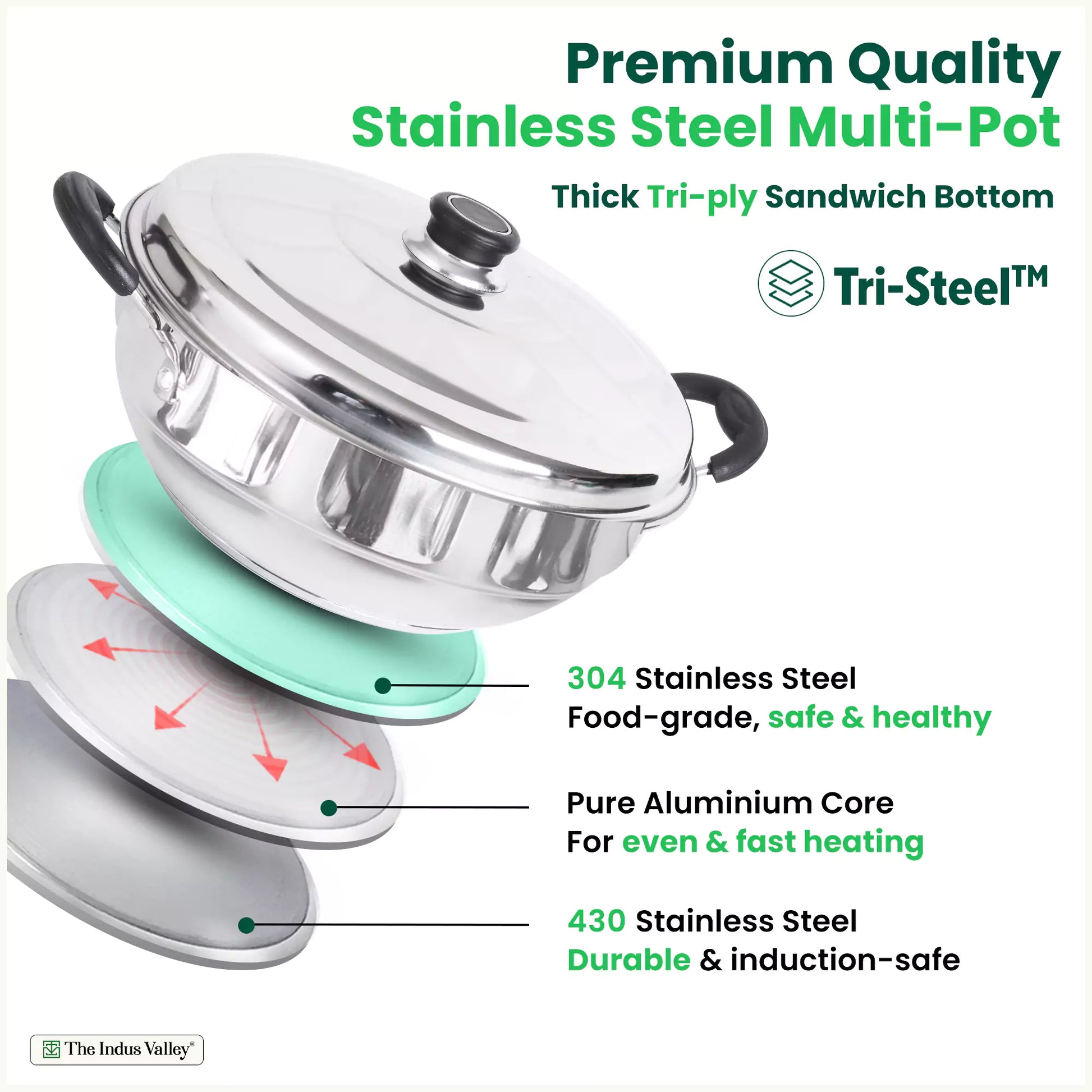 The Indus Valley 14 Pit Tri-Steel Multi Pot Premium Stainless Steel Idli/ Dhokla/ Momo Maker/  Veg Steaming Set, Tri-ply Induction Bottom, 5 Plates, 4.2L, 2.5kg - Distacart