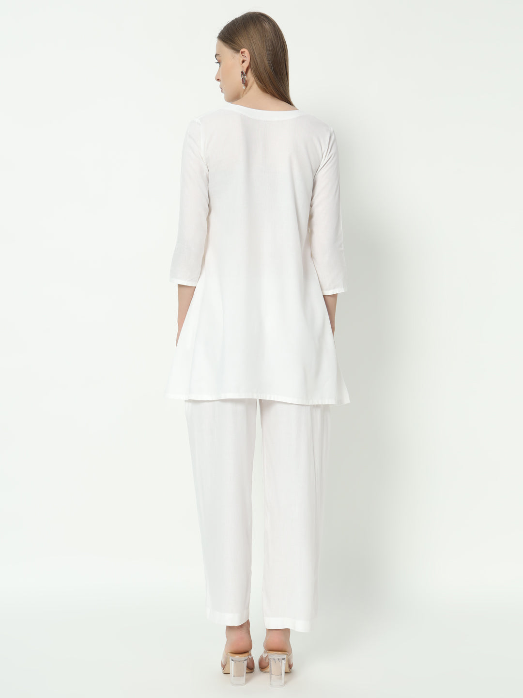 Fab Fashion White Pure Cotton V Neck Co-Ord Set - Distacart