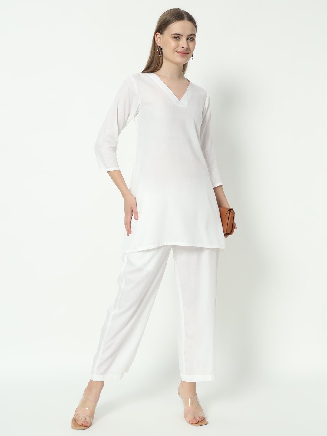 Fab Fashion White Pure Cotton V Neck Co-Ord Set - Distacart
