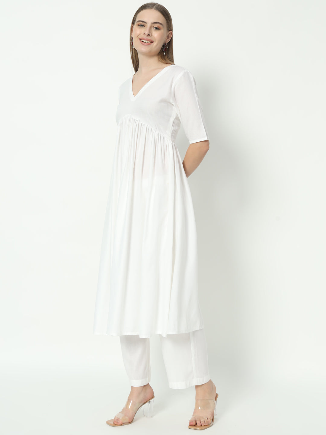 Fab Fashion Alia Cut White Pure Cotton V-Neck Top+Pant