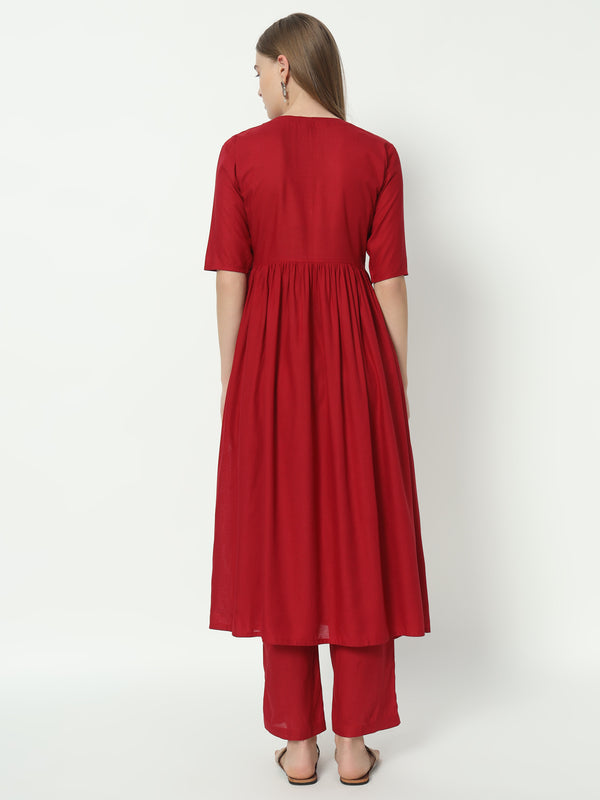 Fab Fashion Alia Cut Red Pure Cotton V Neck Top+Pant