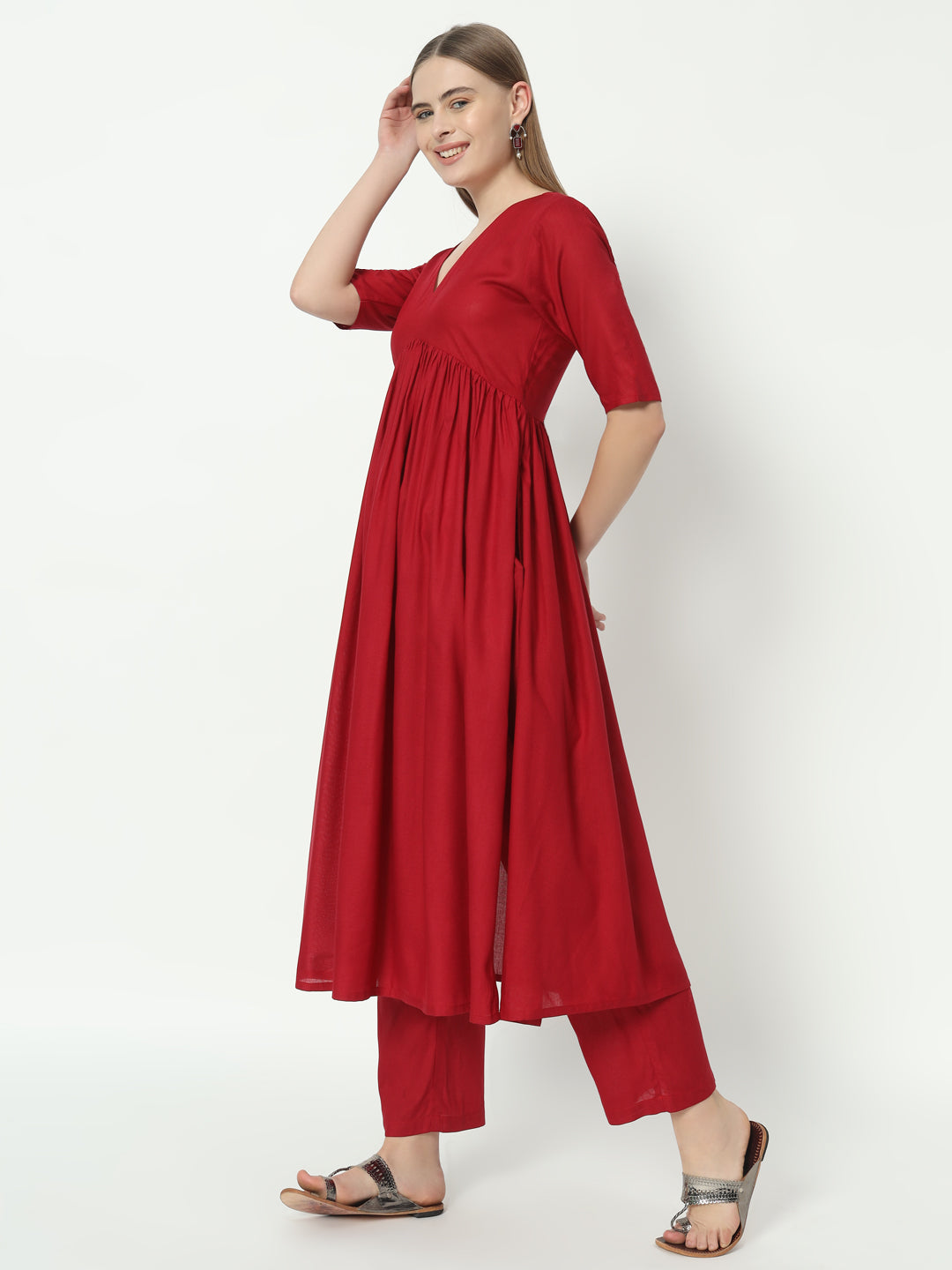 Fab Fashion Alia Cut Red Pure Cotton V Neck Top+Pant