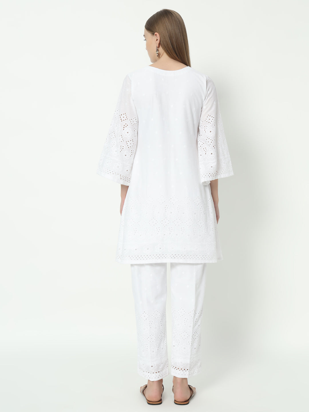 Fab Fashion White Chiken Kari Co-Ord Bell Sleeve V Neck Set - Distacart