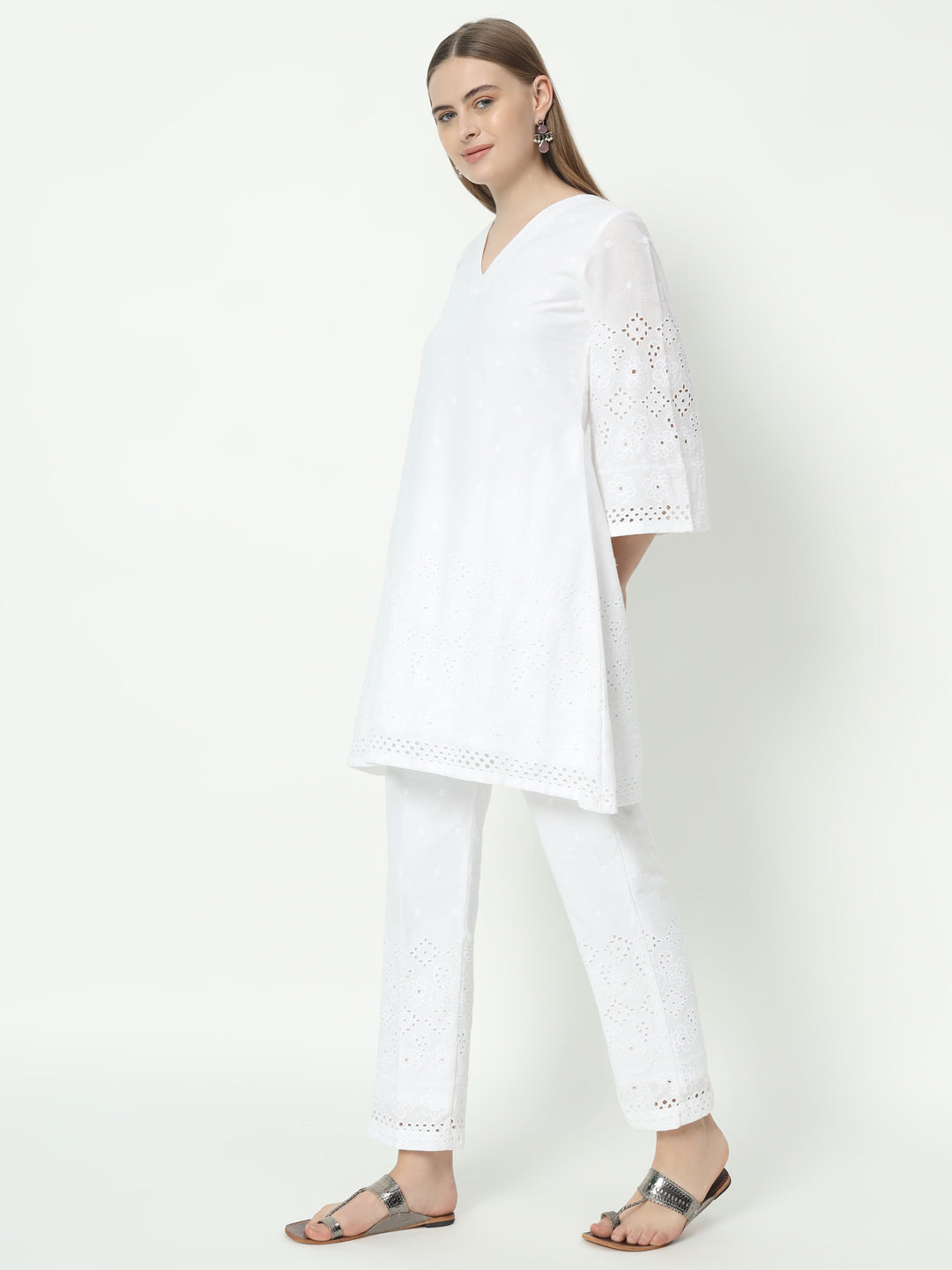 Fab Fashion White Chiken Kari Co-Ord Bell Sleeve V Neck Set - Distacart