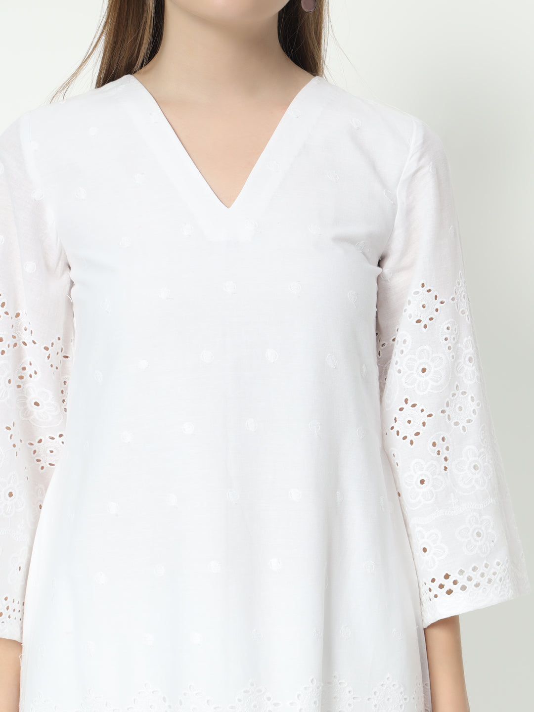 Fab Fashion White Chiken Kari Co-Ord Bell Sleeve V Neck Set - Distacart