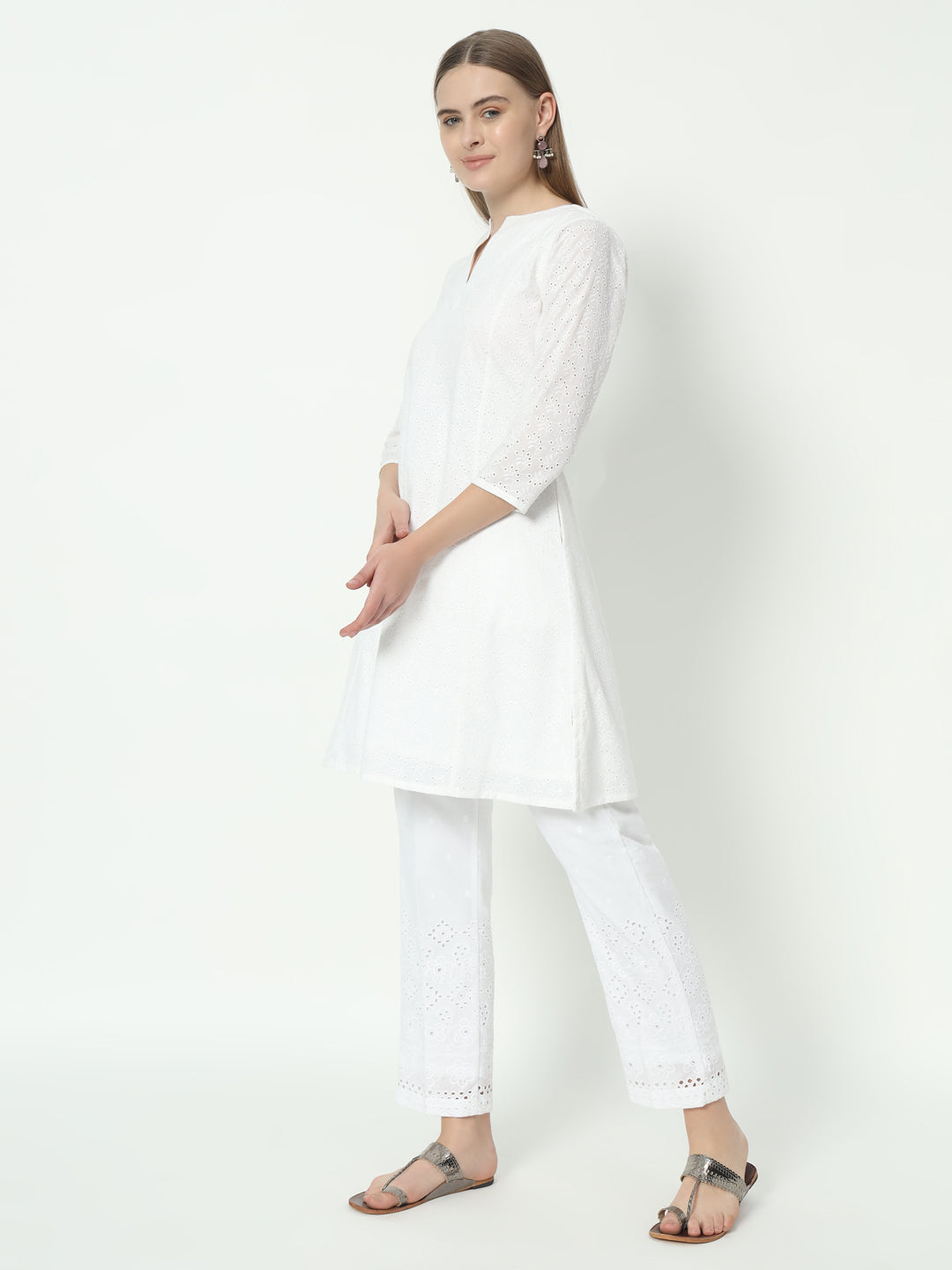 Fab Fashion Pannel White Chiken Kari Co-Ord Set With Round Cut Neck - Distacart