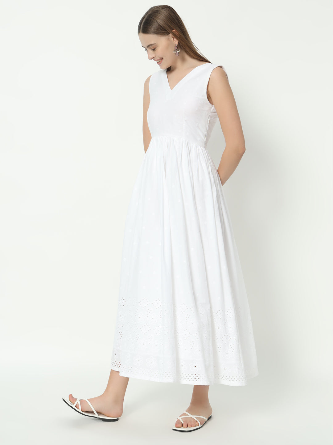 Fab Fashion White Chiken Kari V Neck Gadder Dress - Distacart