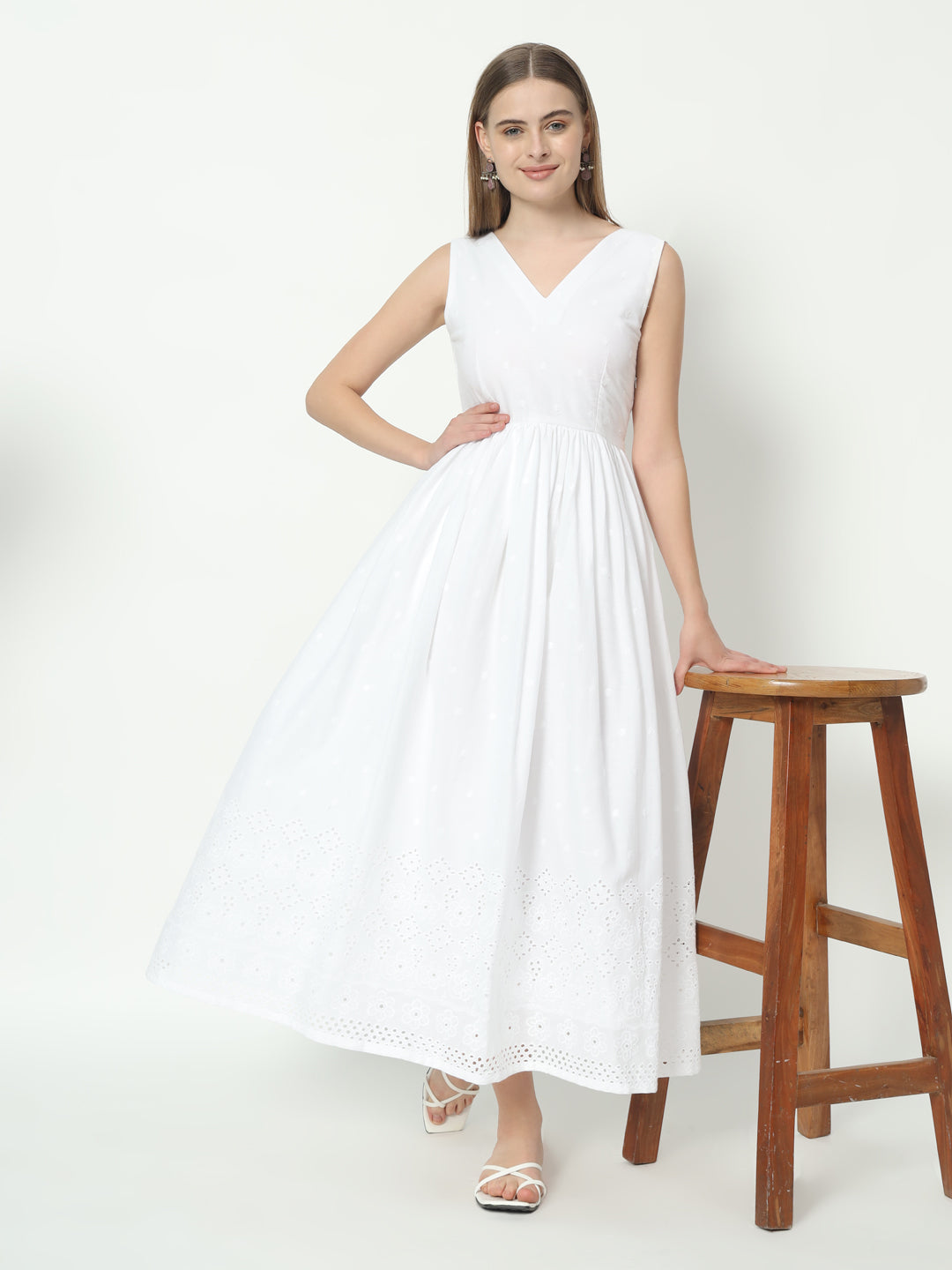 Fab Fashion White Chiken Kari V Neck Gadder Dress - Distacart