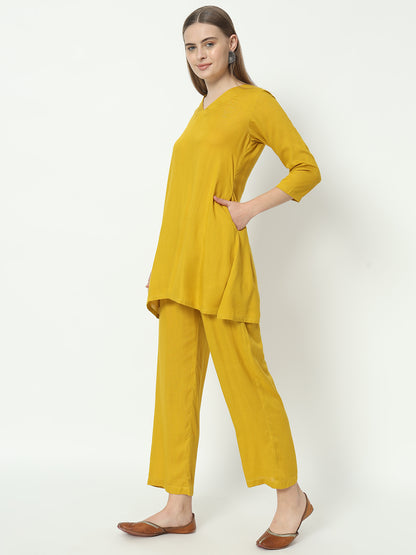 Fab Fashion Mustred Plain Pure Co-Ord Set - Distacart