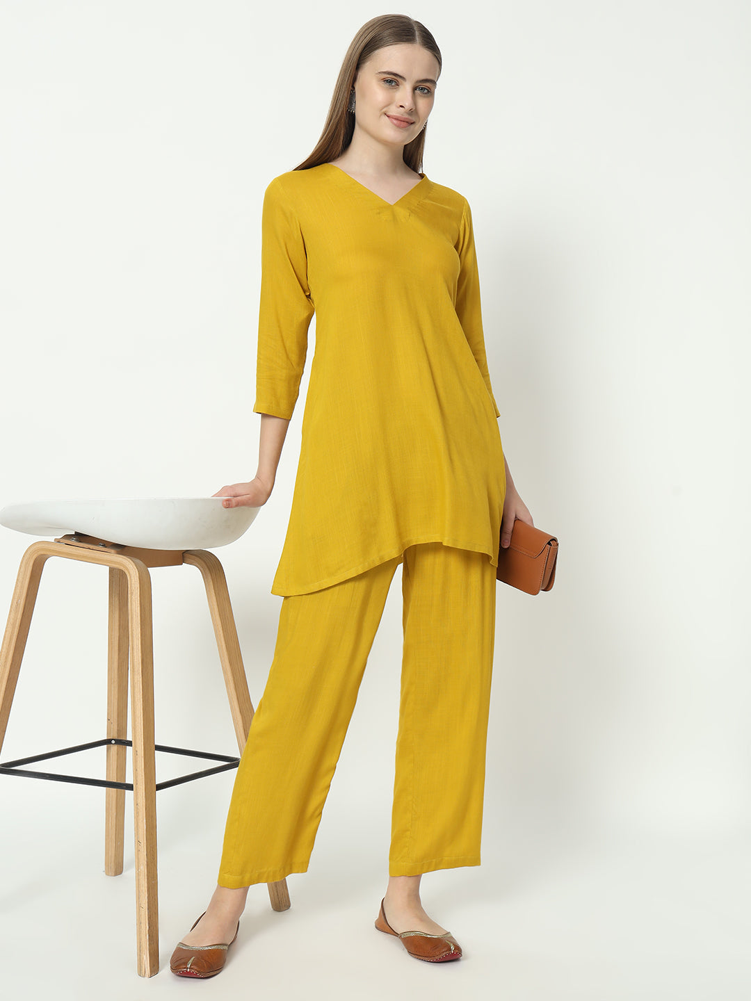 Fab Fashion Mustred Plain Pure Co-Ord Set - Distacart